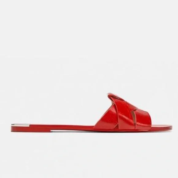 Zara Genuine Leather Red Crossover Slide Sandal Slipper Flat Shoes 37 / 6.5 NWT - Picture 7 of 13